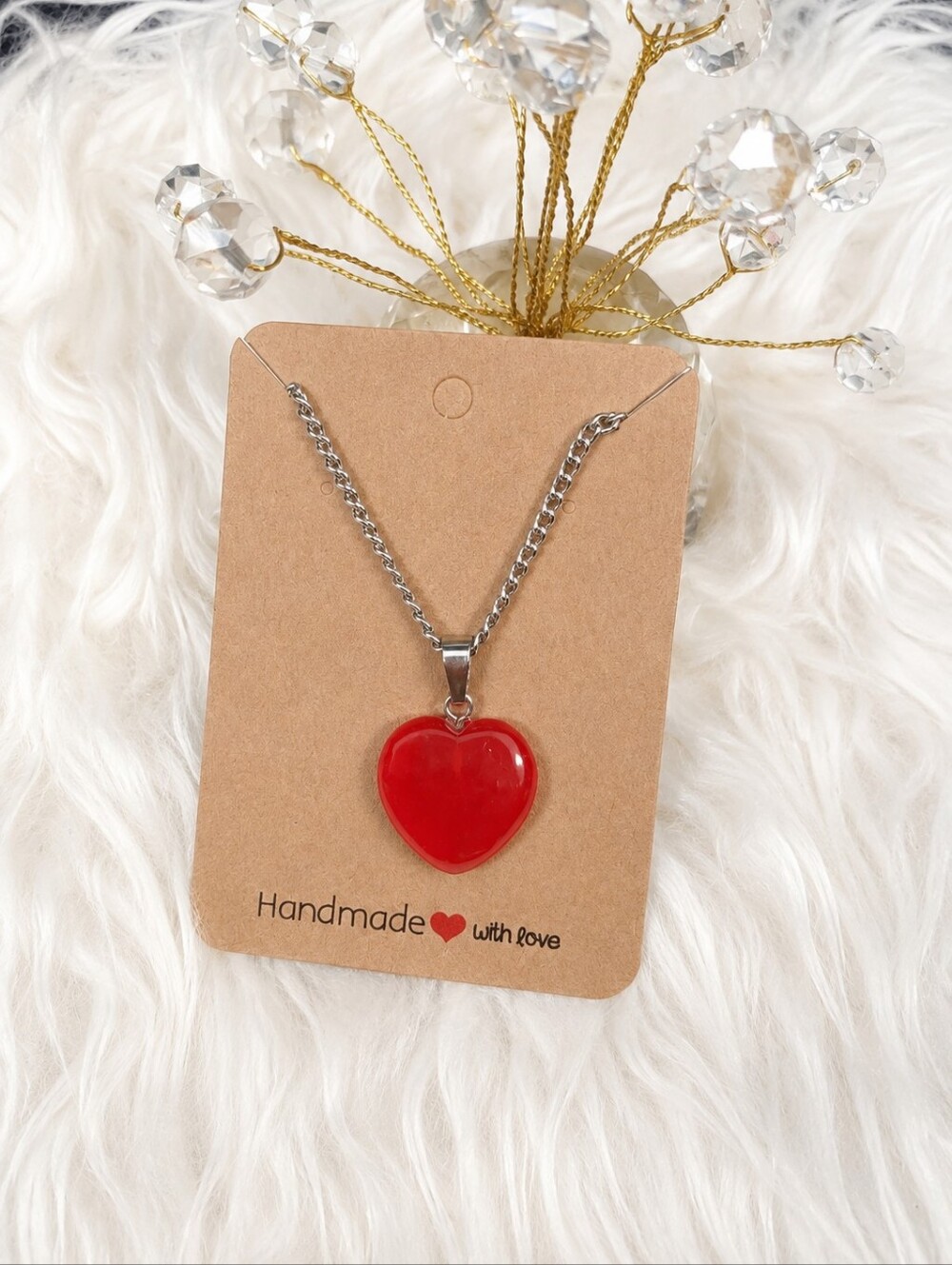 NWT Handmade Red Crystal Healing Gemstone Heart Pendant Necklace Size 17" Chain